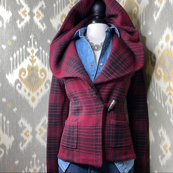 Rugby Ralph Lauren Sweaters - Ralph Lauren Red Wool Plaid Hooded Cardigan Coat